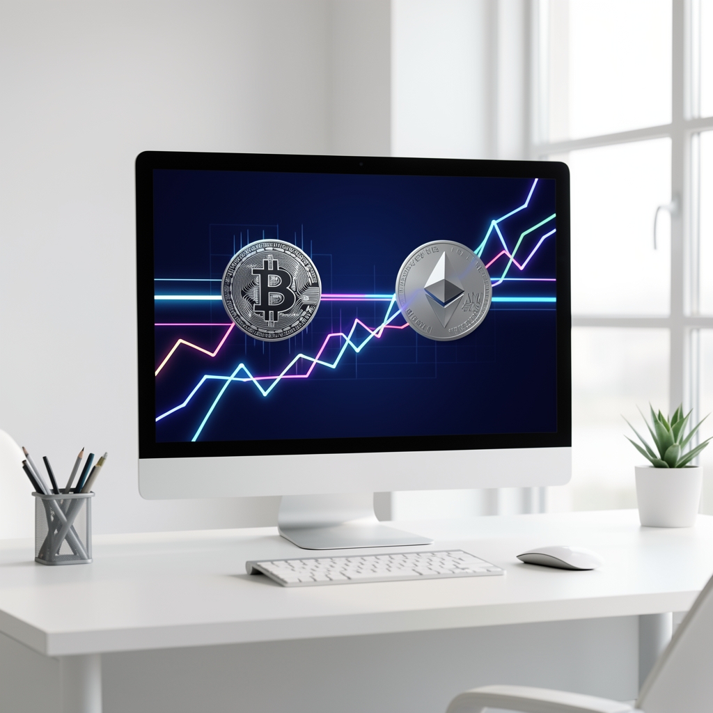 Digitalni ekran sa kriptovalutnim grafikonima, Bitcoin i Ethereum simboli, tamno plava pozadina sa neonskim linijama