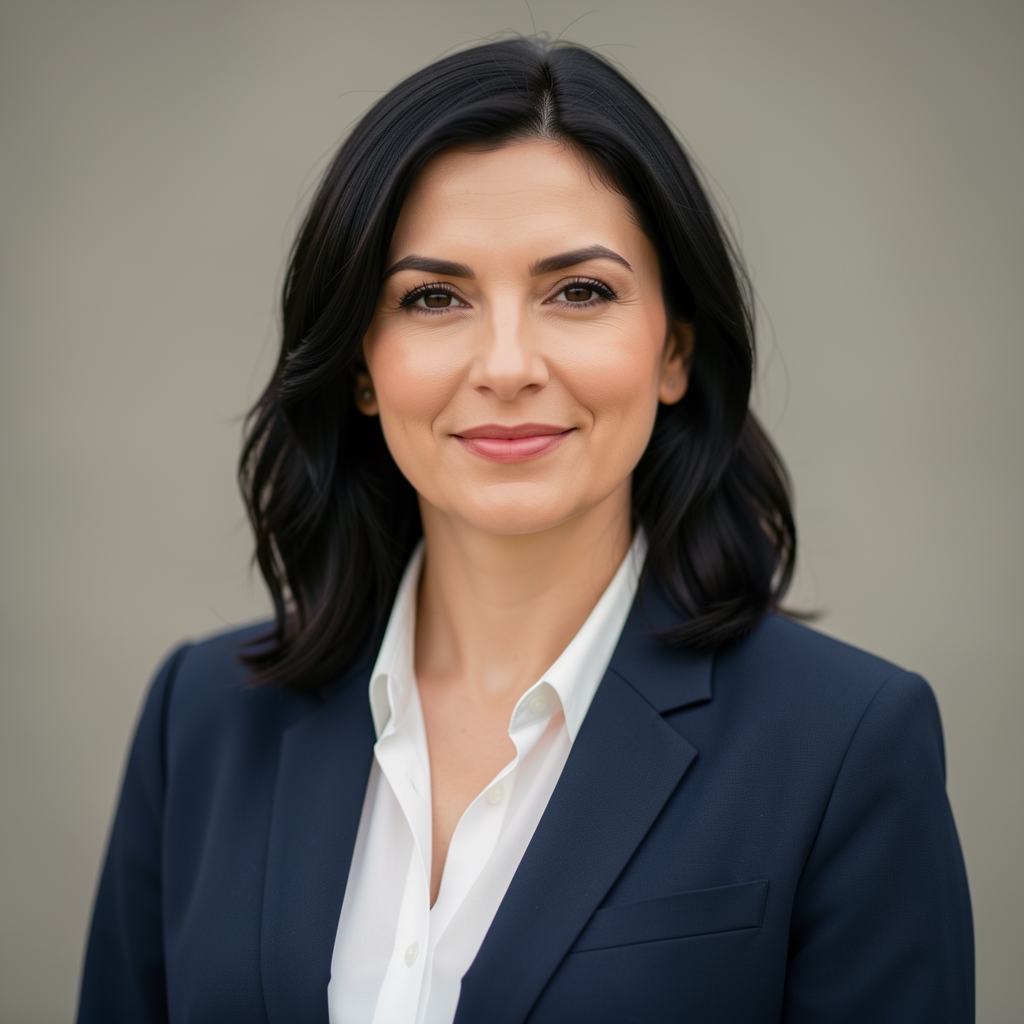 Ana Vukčević, žena sa tamnom kosom, profesionalna fotografija, neutralna pozadina, poslovni stil odijevanja