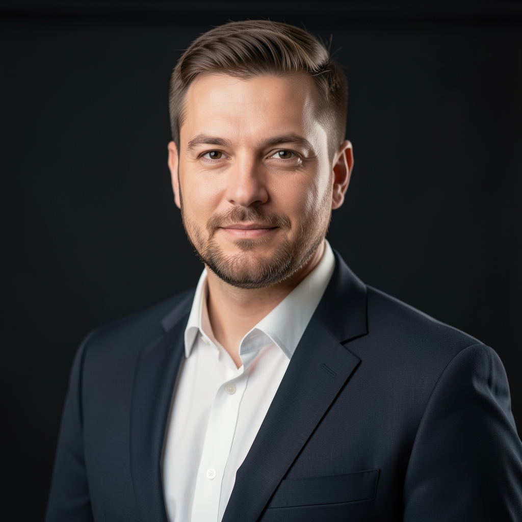 Stefan Marković, muškarac u kasnim dvadesetim, formalna jakna, profesionalna portret fotografija u tamnom studiju