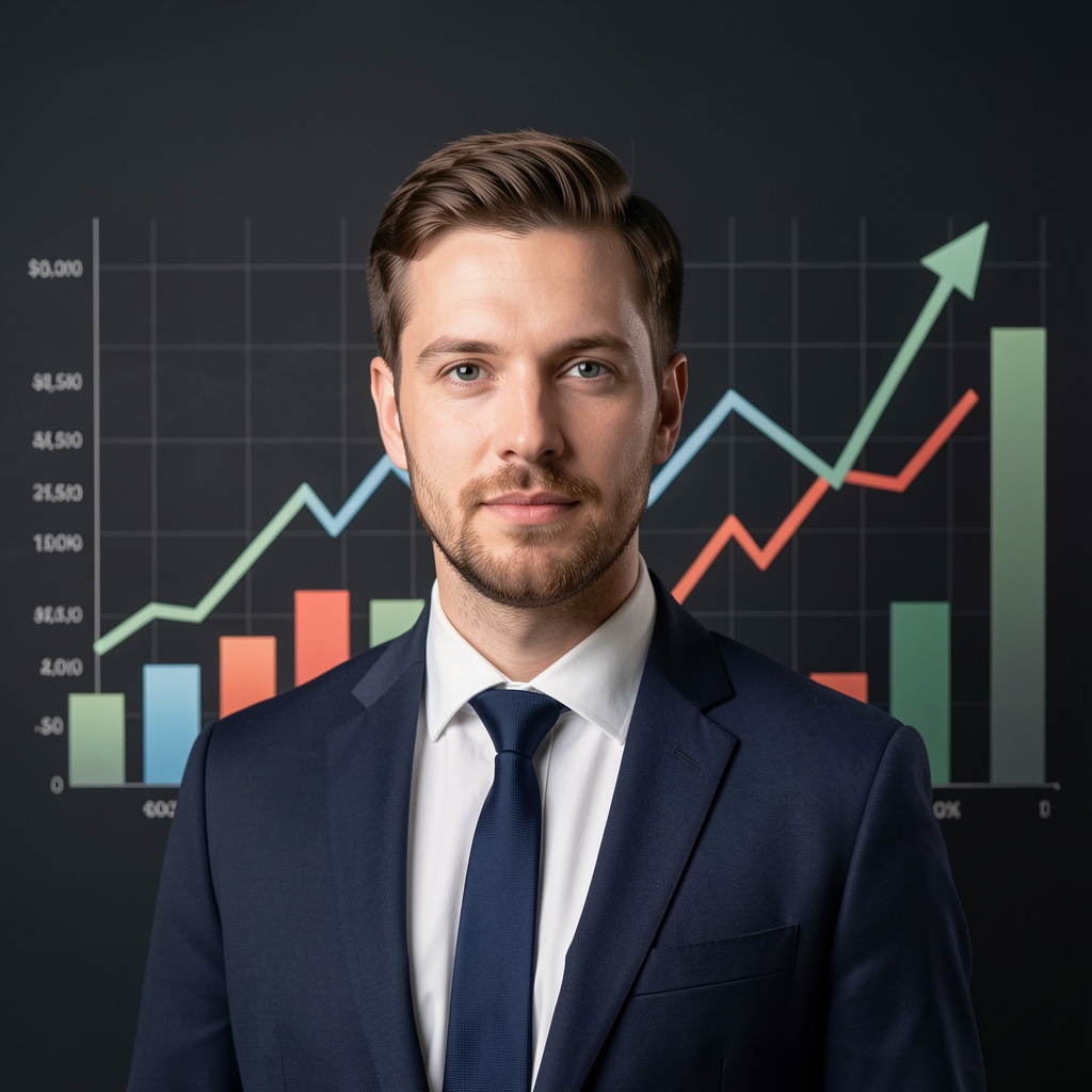 Обложница подкаста Invest Talk SE — дизајниран модерно са ликом аналитичара испред биједних финансијских графова на тамном позадинском панелу