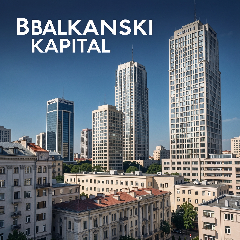 Обложница подкаста Balkanski kapital — тамно-плава позадина са сликом капиталних зграда у Београду и улагачком тематиком